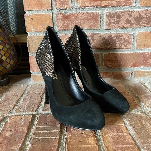 Aldo Black Suede High Heels Gold Embellished - Picture 1 of 8